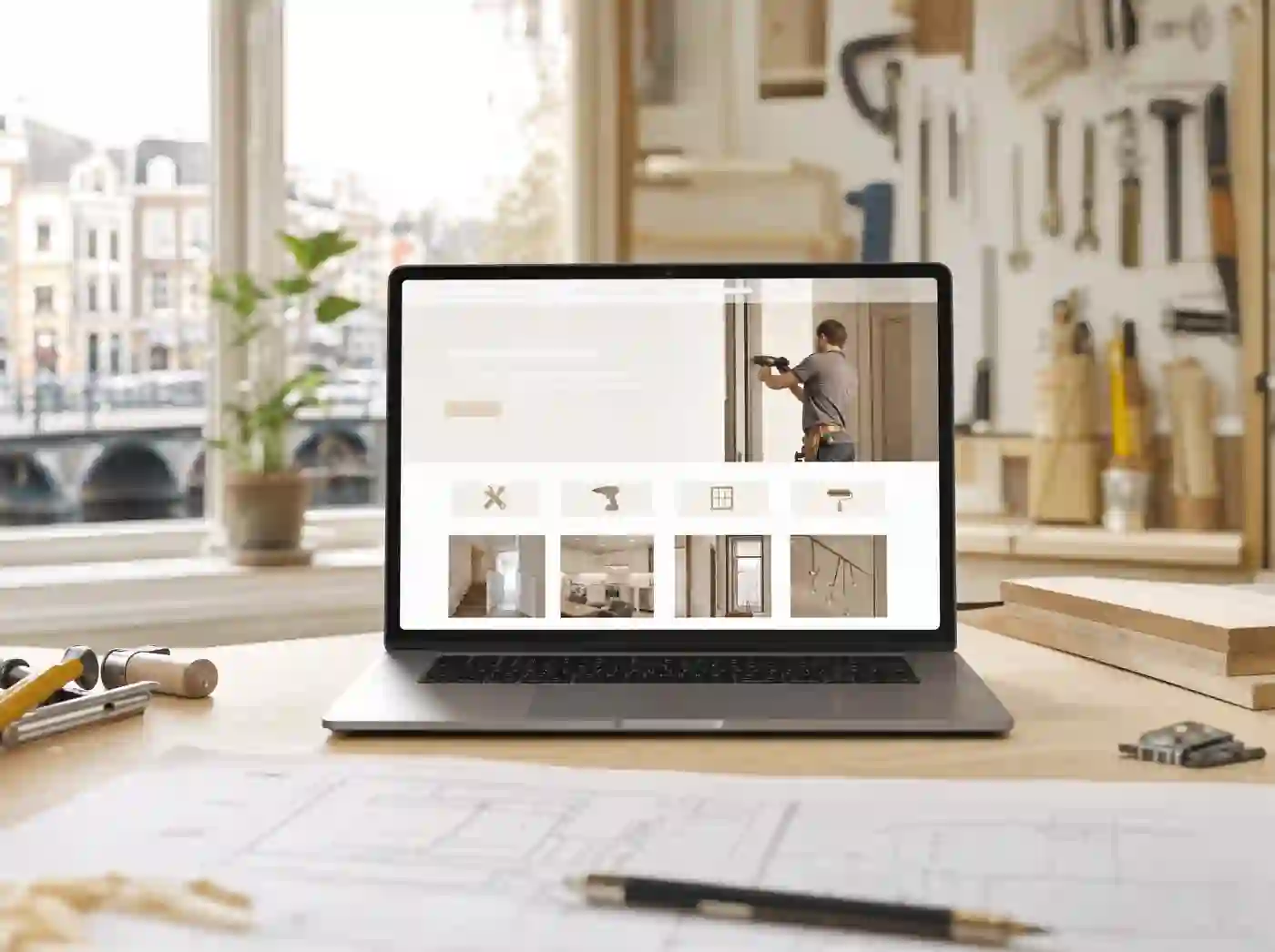 Website van Ray Handyman op een laptop in een werkplaats.