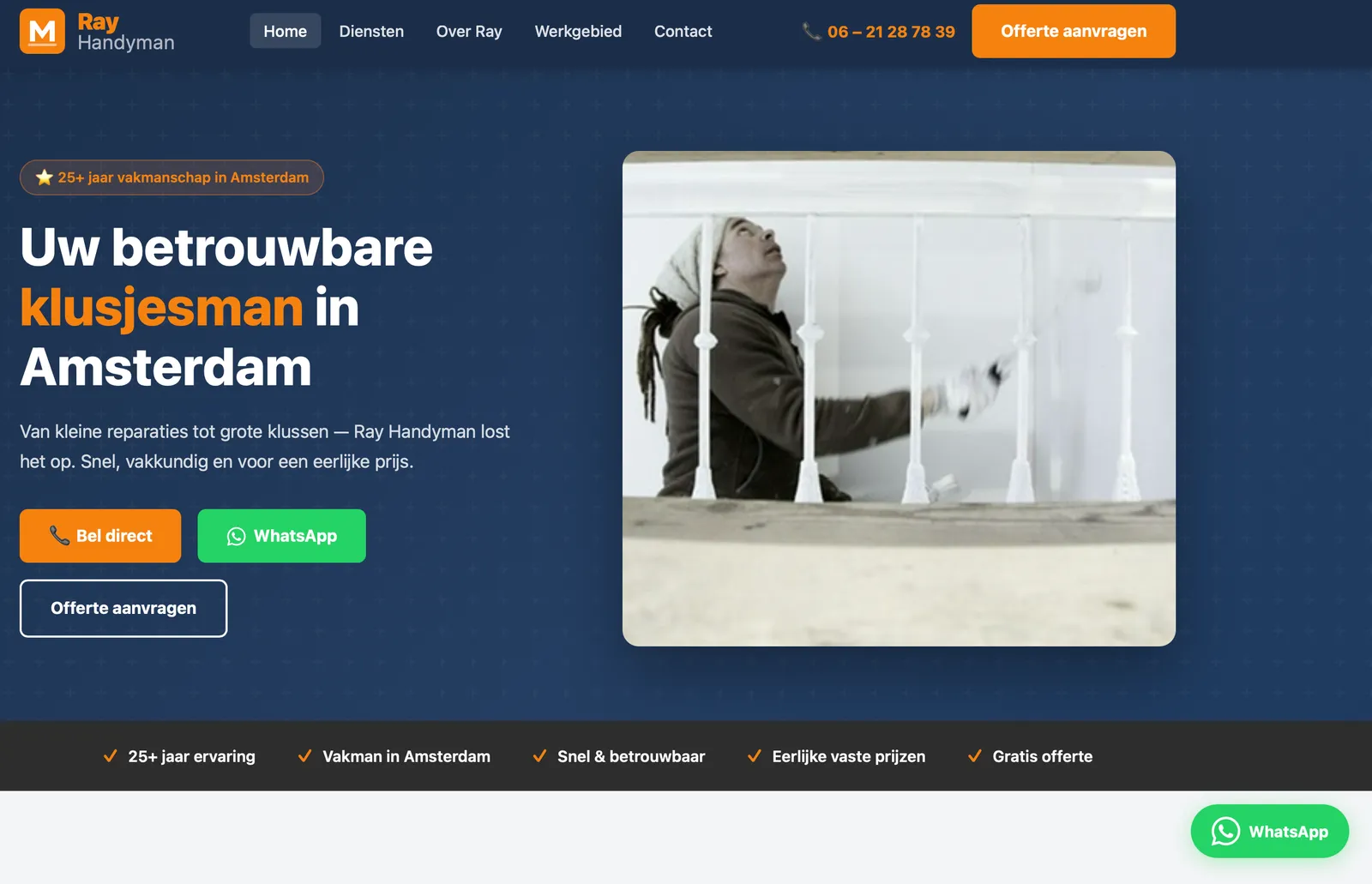 Homepage van Ray Handyman met offerteknop.