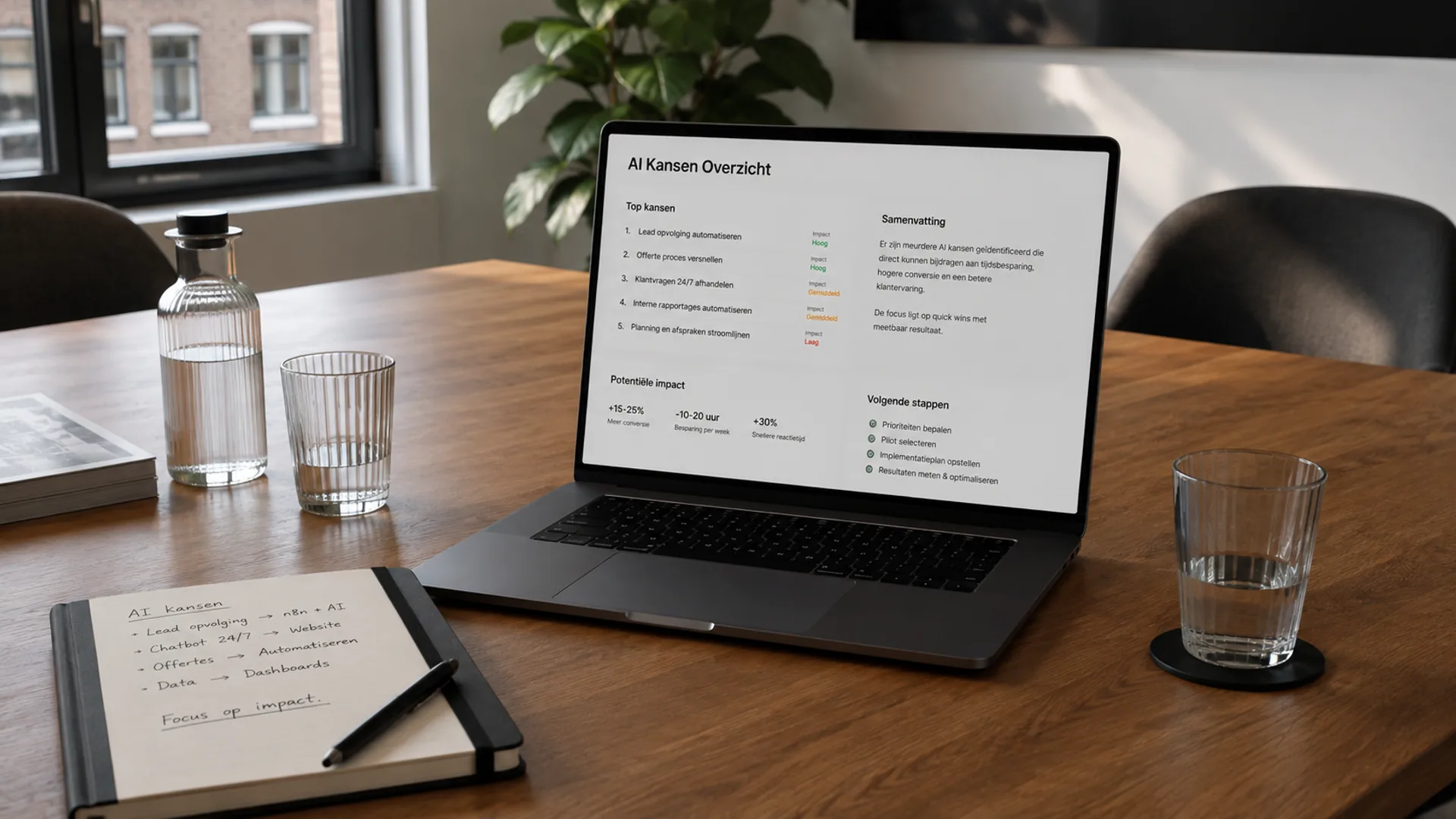 Laptop met een kansenoverzicht: vijf AI-kansen met impact, geschatte besparing en volgende stappen.