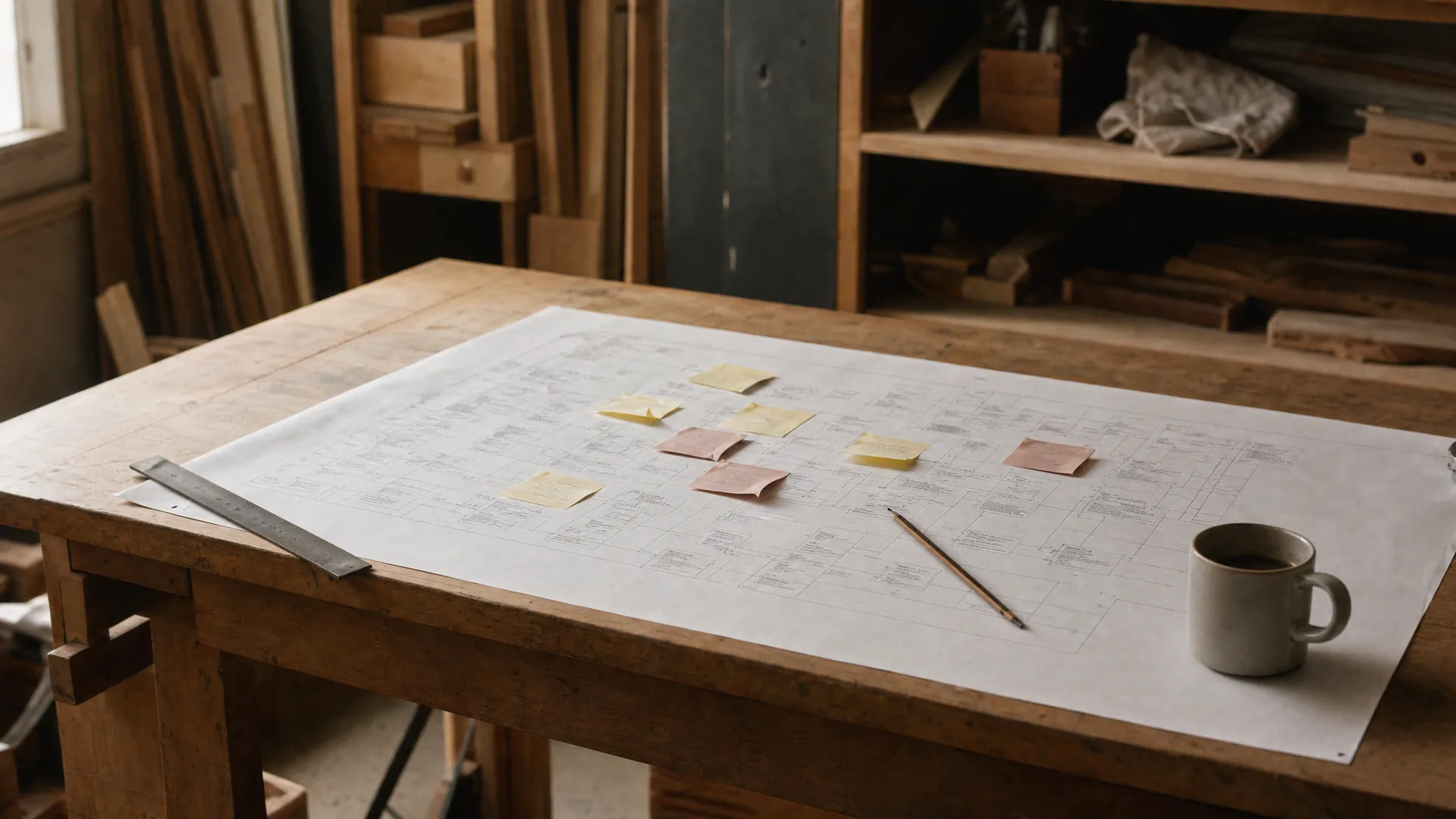 Uitgerold procesplan op een werktafel met plakbriefjes, een potlood en een mok.