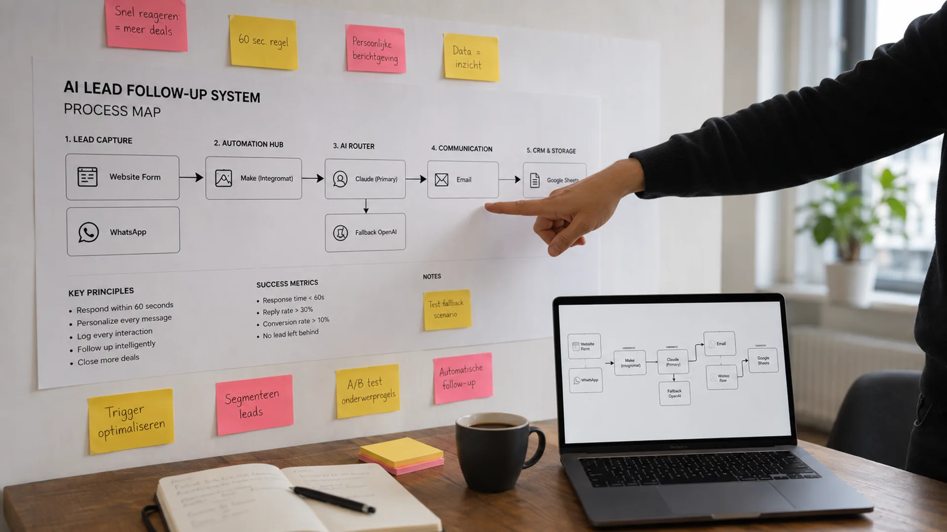 Procesplan op de muur met plakbriefjes: van formulier naar AI-router naar e-mail en CRM.