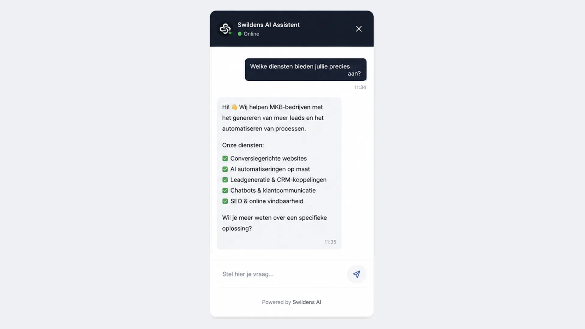 Chatvenster op een website: bezoeker vraagt naar de diensten, de assistent antwoordt met een lijst.