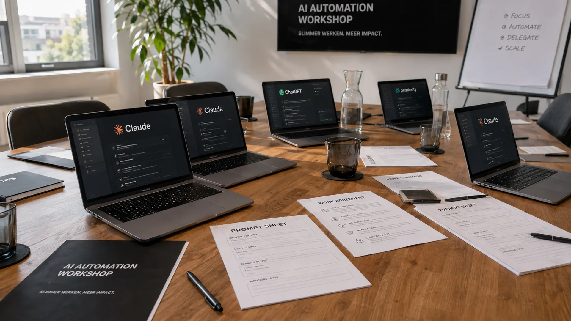 Vergadertafel met laptops waarop Claude en ChatGPT open staan, scherm met AI Automation Workshop.