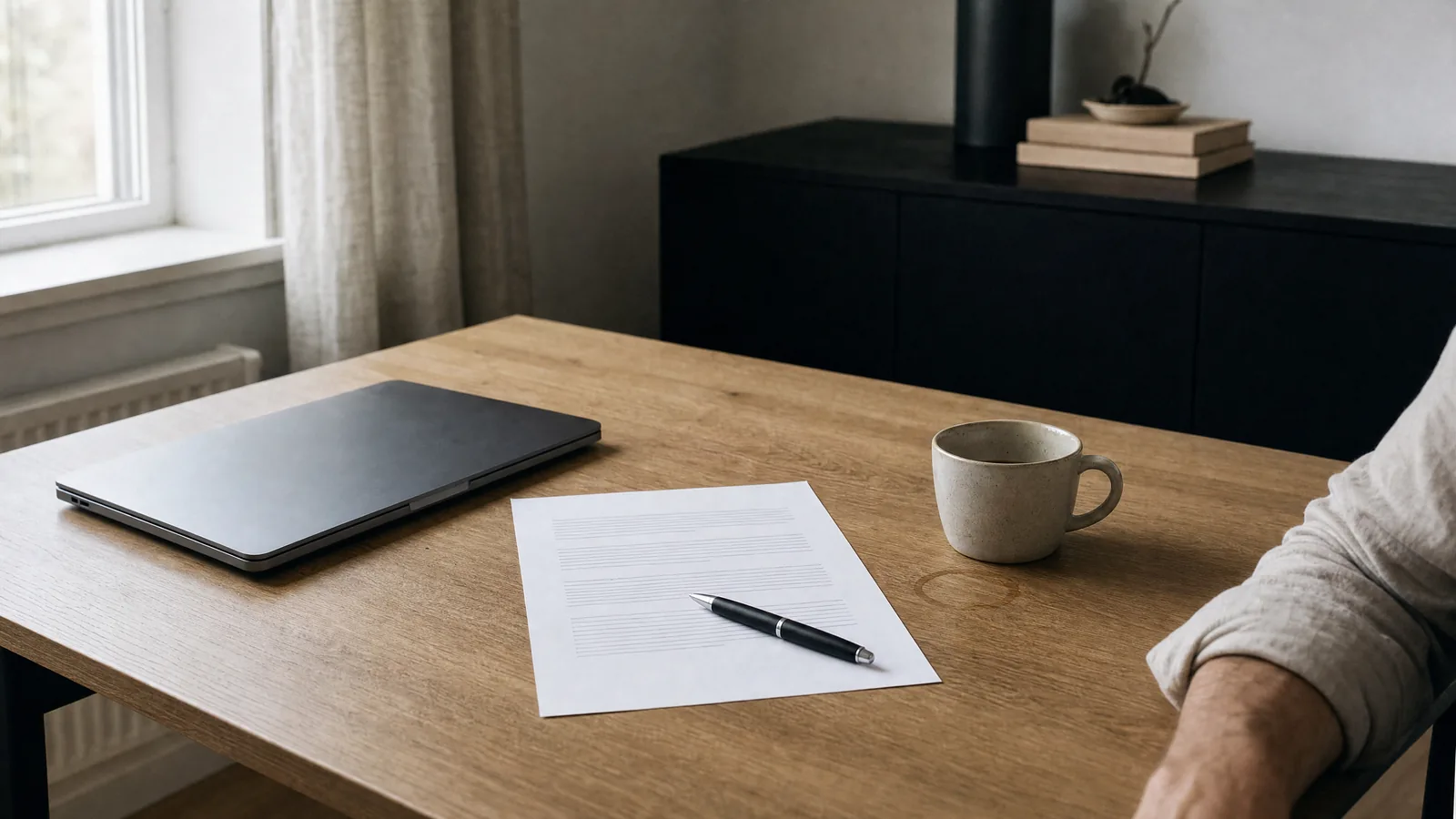 Kantoortafel met een laptop, een uitgeprint A4 met vijf afspraken en een koffiekop.
