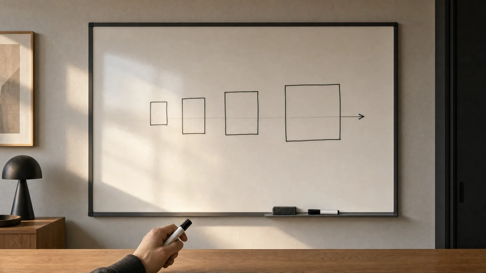 Vier lege vakken op een whiteboard, van klein naar groot, met een marker ernaast.
